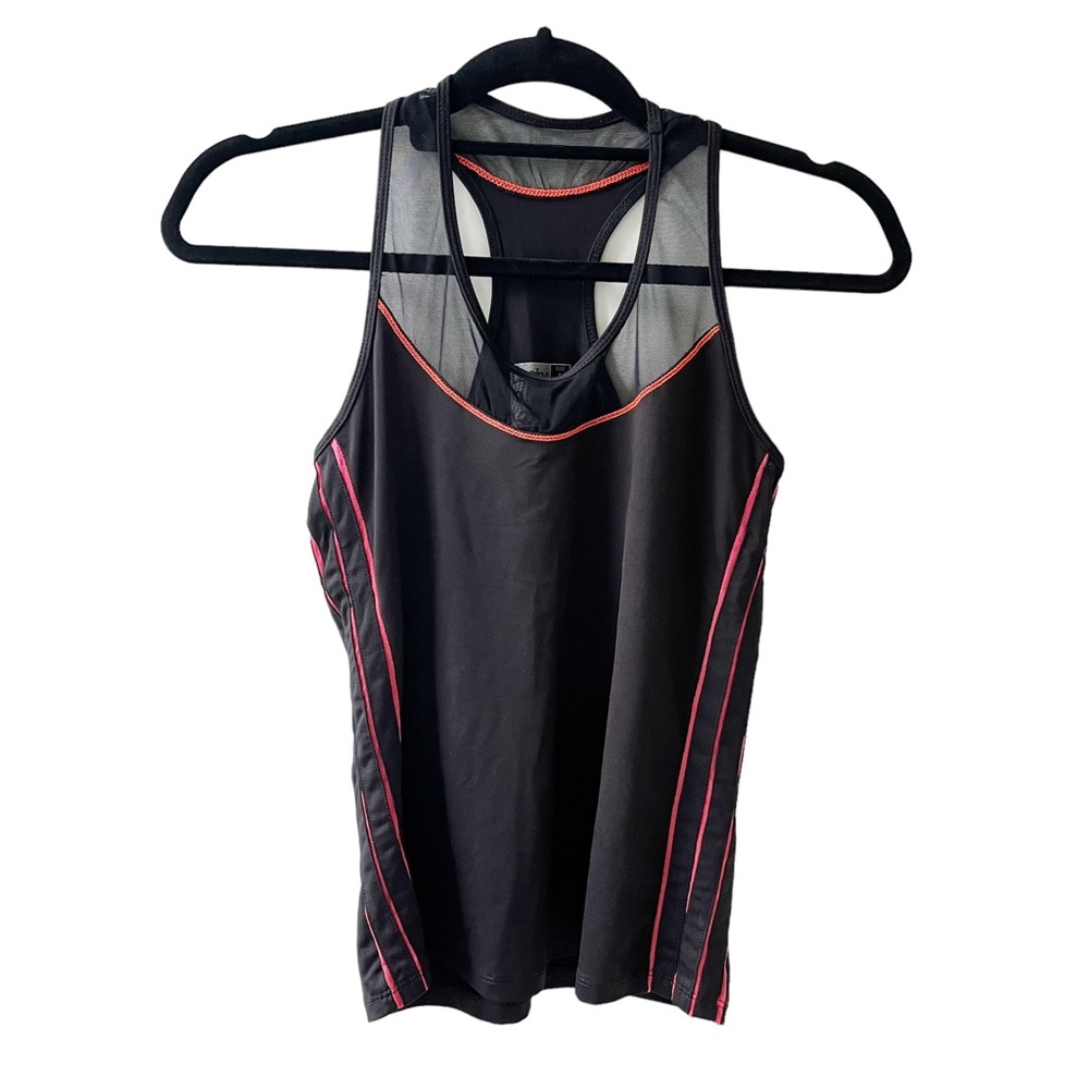 LUCKY IN LOVE Black Athletic Tank Top Women’s S Pink Mesh Features Orange Stitch